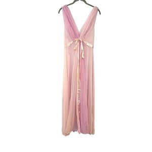 Vintage Vanity Fair Pink Nylon Maxi Night Dress Gown Bow Coquette Negligee Sheer